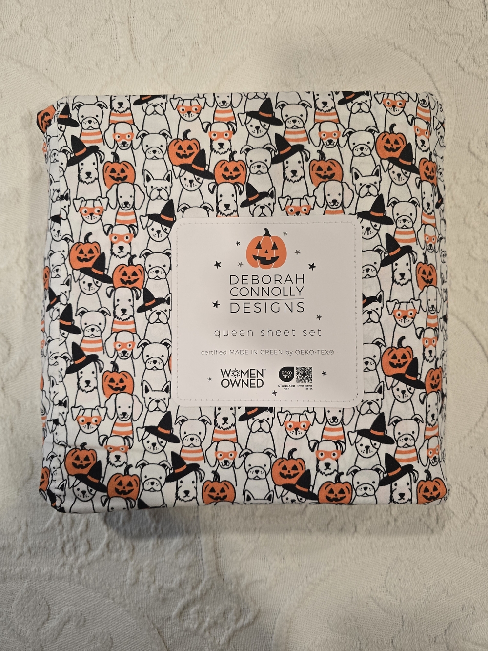Halloween Pumpkin & Dog Queen Sheet Set - White & Orange